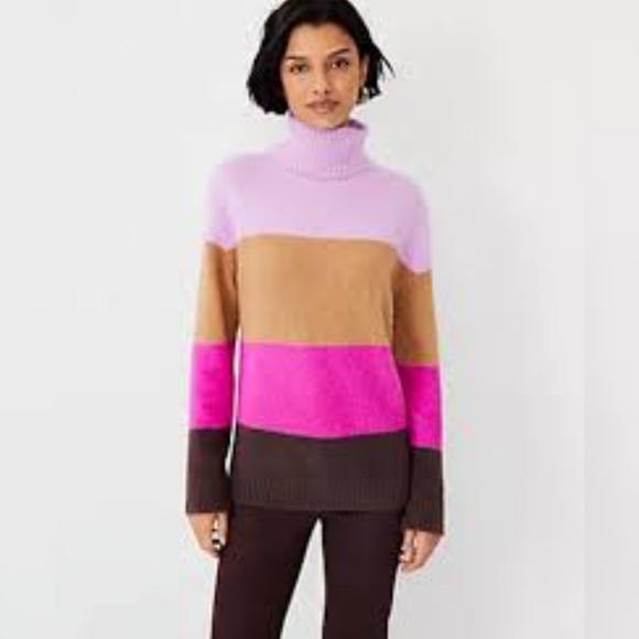 Ann Taylor Soft Colorblock Striped Turtleneck Sweater Knit Pullover Cozy Fall PM - Picture 1 of 15